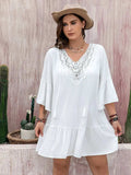 Plus Size Lace Detail Tie Neck Three-Quarter Sleeve Mini Dress - Trendsi - Flyclothing LLC