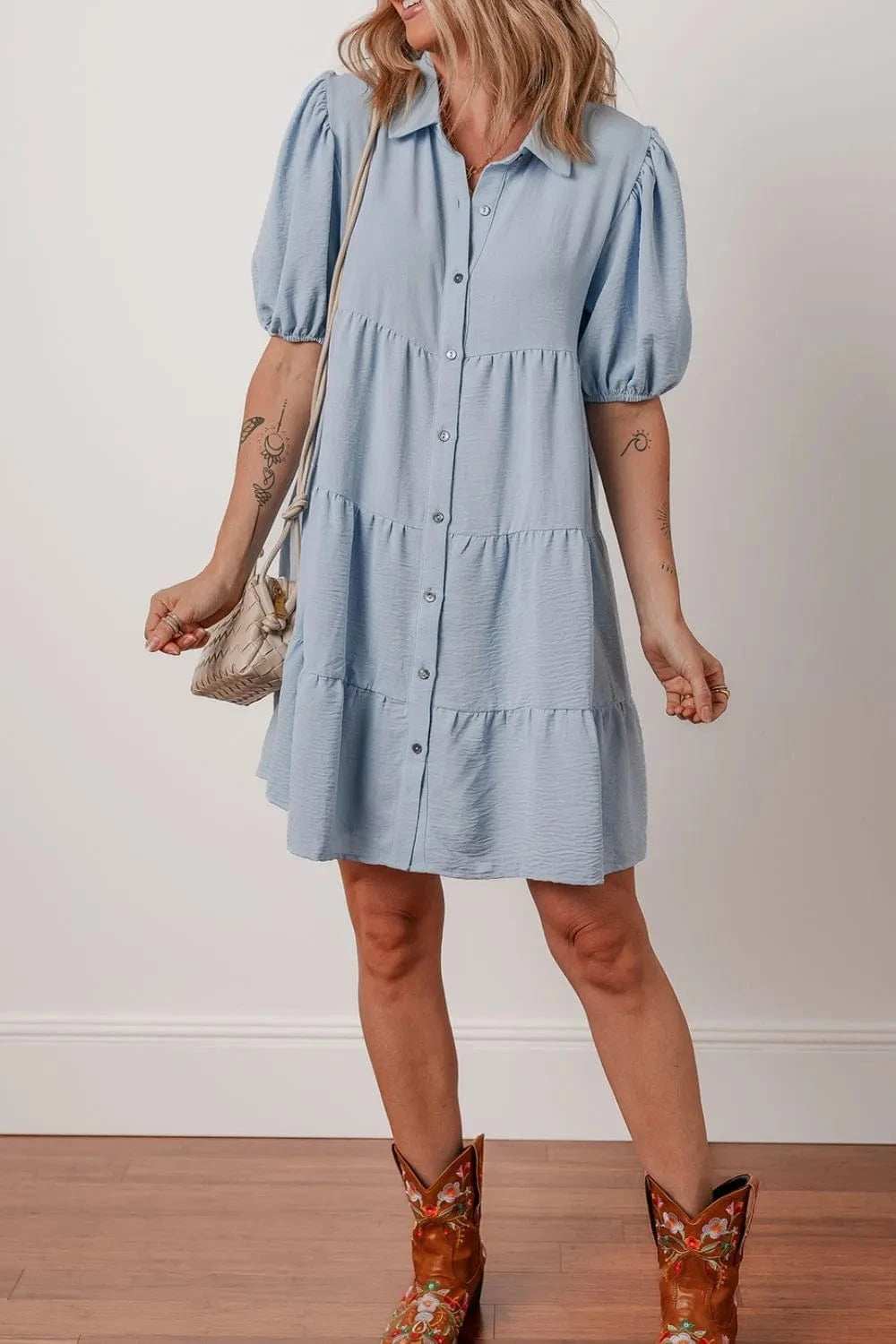 Button Up Puff Sleeve Tiered Shirt Dress - Trendsi - Flyclothing LLC