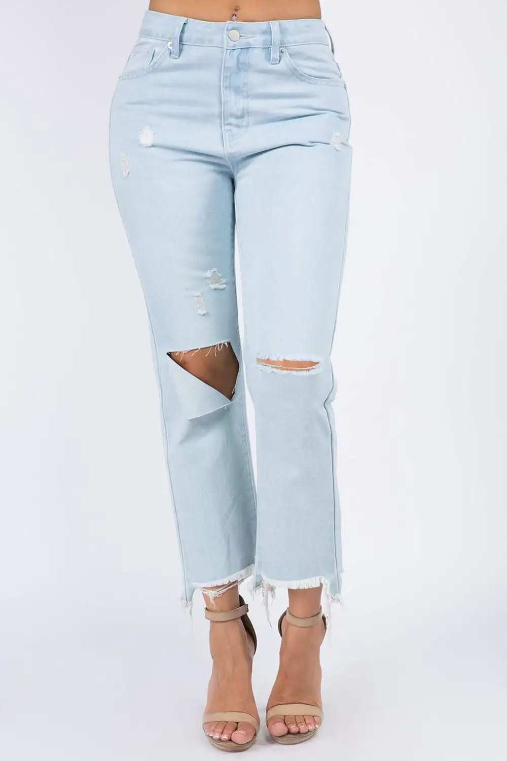 American Bazi High Waist Distressed Raw Hem Jeans - Trendsi - Flyclothing LLC