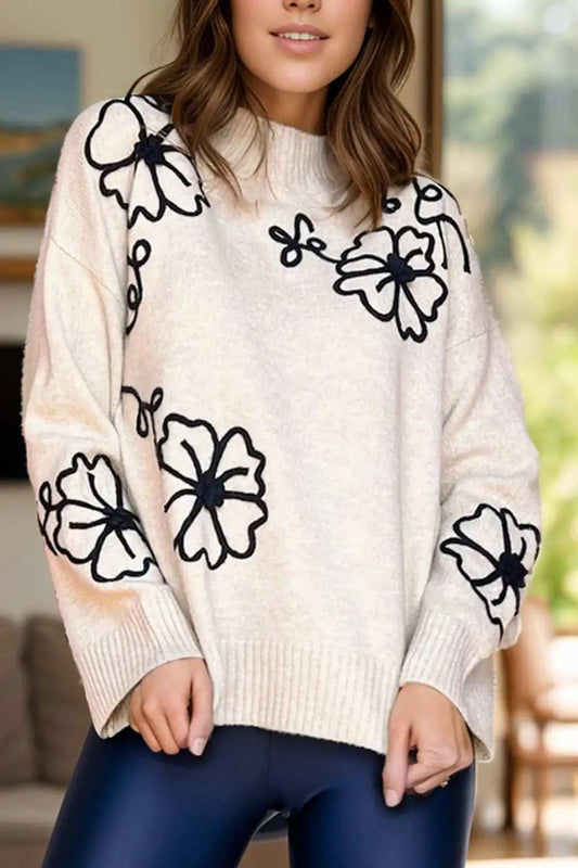Flower Mock Neck Long Sleeve Sweater - Trendsi - Flyclothing LLC