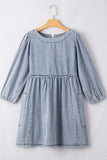 Cutout Round Neck Balloon Sleeve Denim Dress - Trendsi - Flyclothing LLC