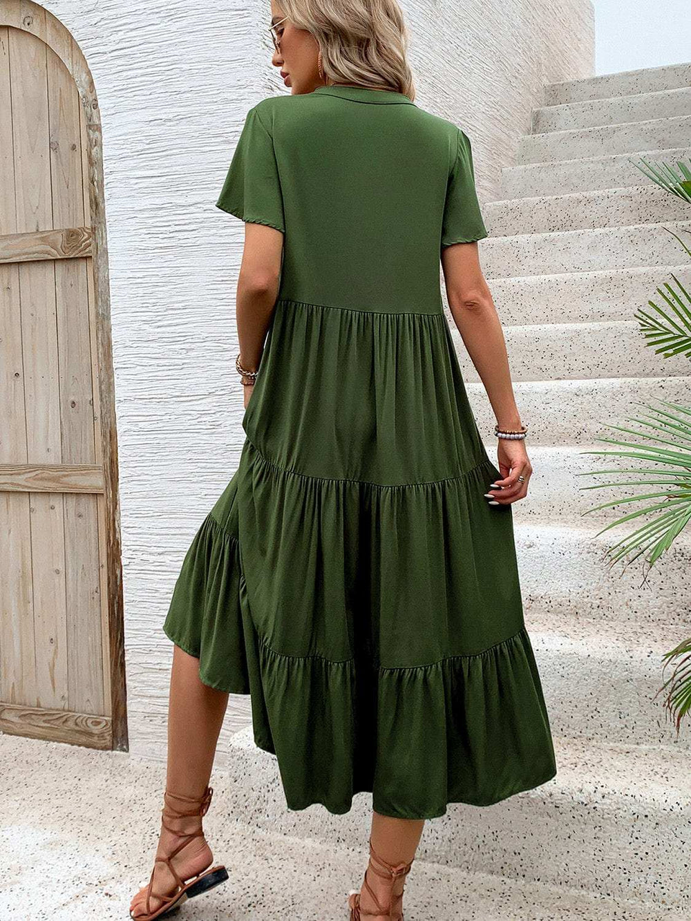 Tiered Notched Short Sleeve Midi Dress - Trendsi - Flyclothing LLC