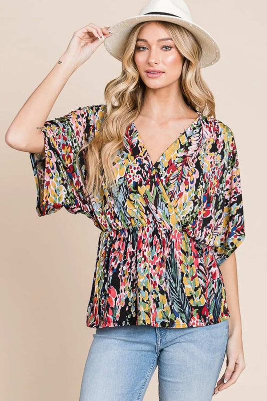 BOMBOM Printed Surplice Peplum Blouse - Trendsi - Flyclothing LLC