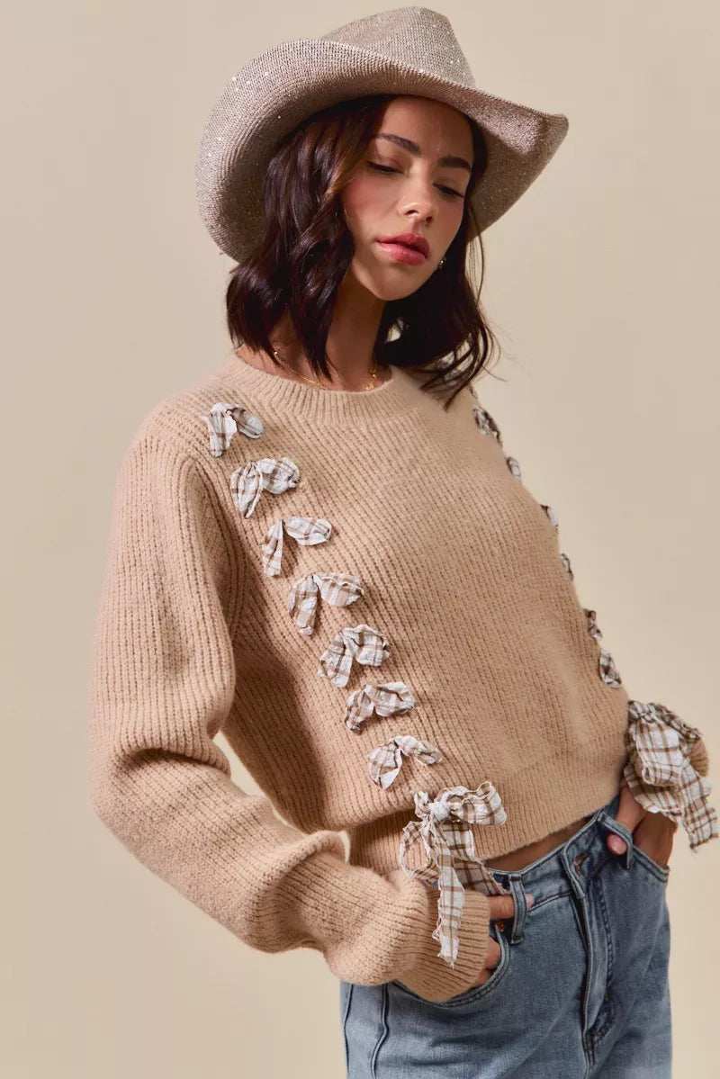 SO ME Checkered Plaid Tape Lace Up Ribbed Sweater - Trendsi - Flyclothing LLC