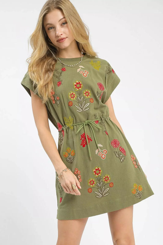 Umgee Embroidered Floral Mini Dress with Waist Tie - Trendsi - Flyclothing LLC