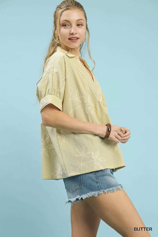 Umgee Striped Embroidered Blouse with Scallop Trim - Trendsi - Flyclothing LLC