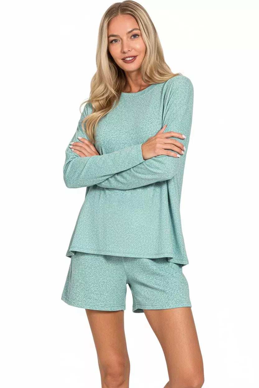 Zenana Soft Melange Long Sleeve Tee and Shorts Set - Trendsi - Flyclothing LLC