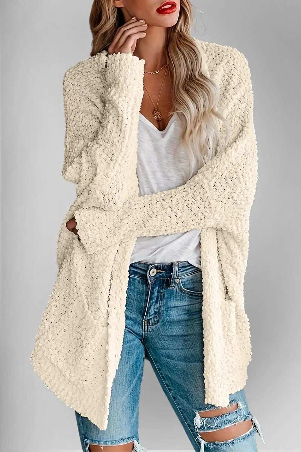 Double Take Pocketed Open Front Long Sleeve Cardigan - Trendsi - Flyclothing LLC