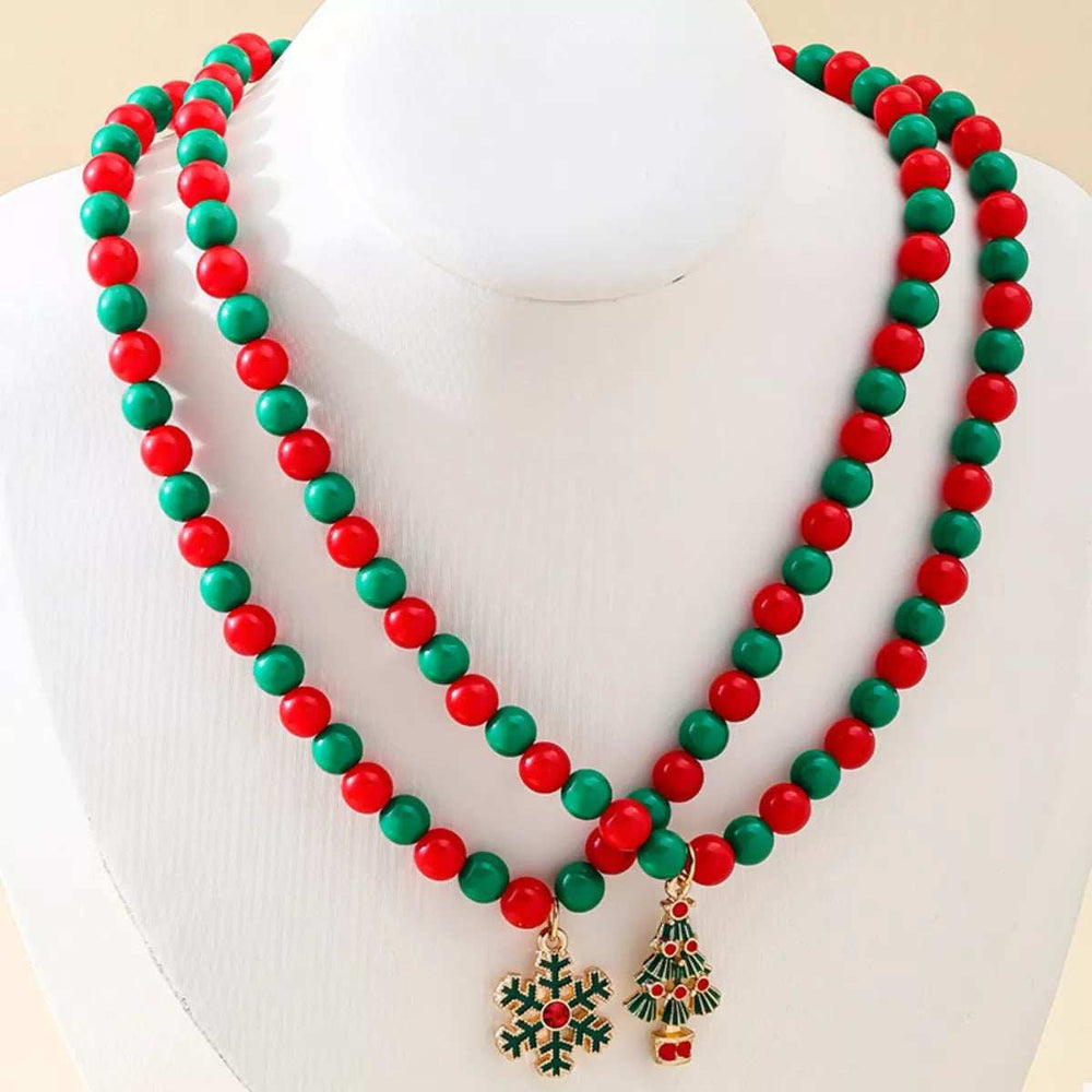 2 Piece Christmas Beaded Necklace with Pendants - Trendsi - Flyclothing LLC