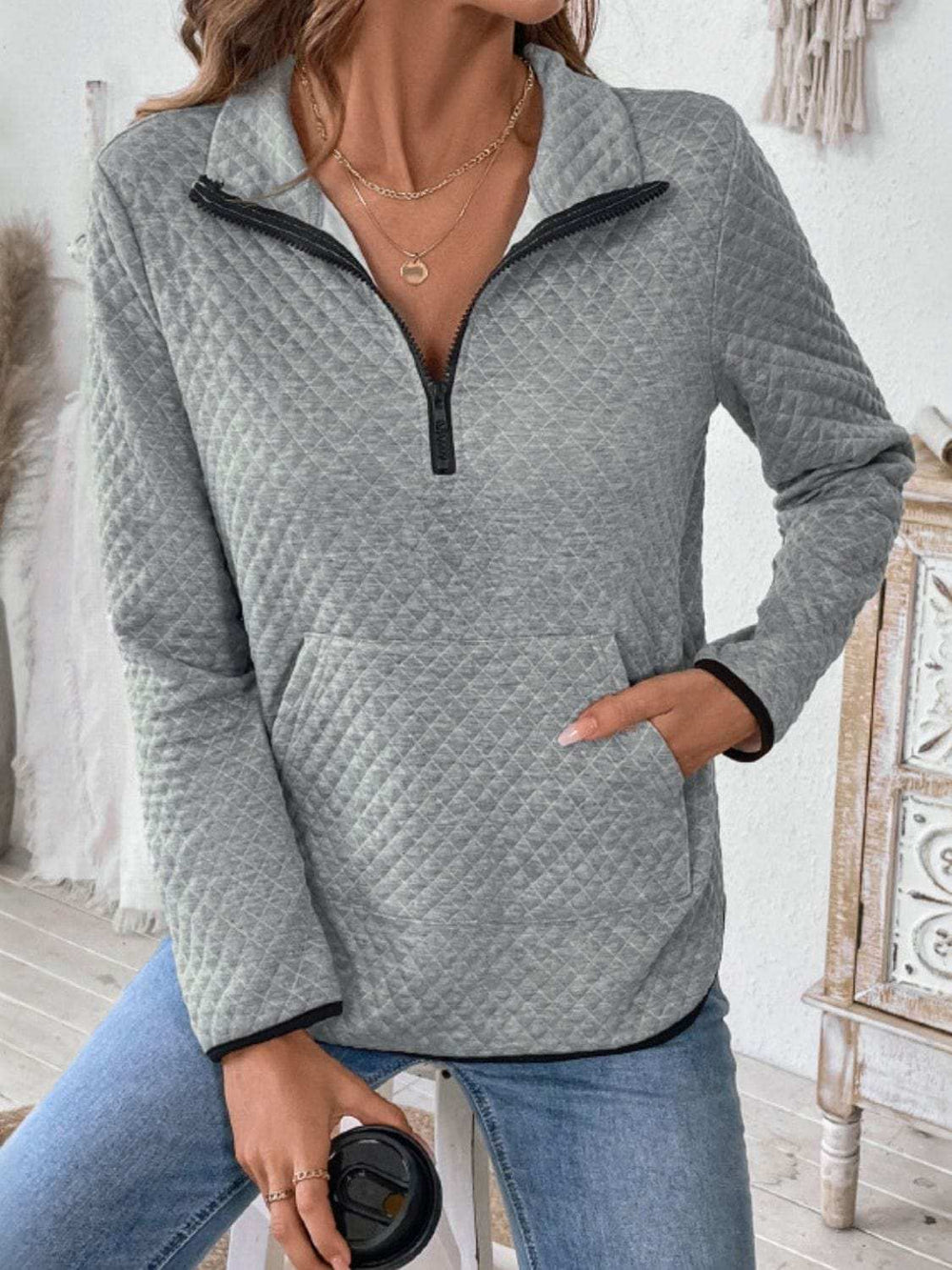 Perfee Texture Half Zip Long Sleeve Sweatshirt - Trendsi - Flyclothing LLC