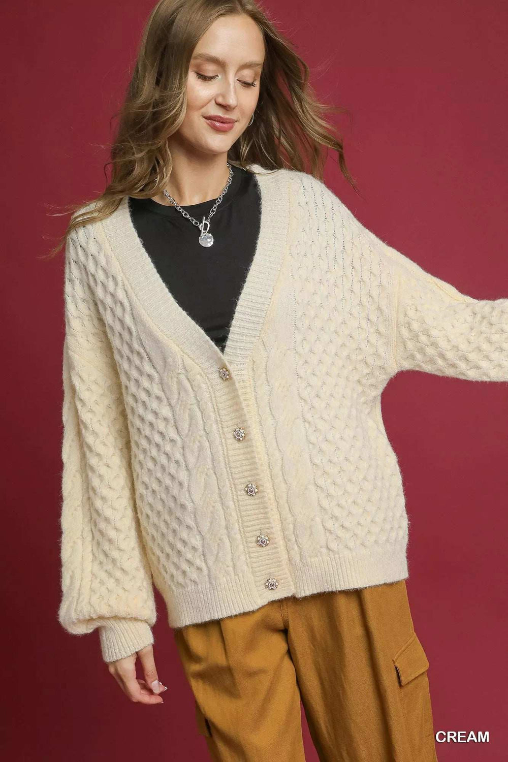 Umgee Cable Knit Pearl Button Cardigan - Trendsi - Flyclothing LLC
