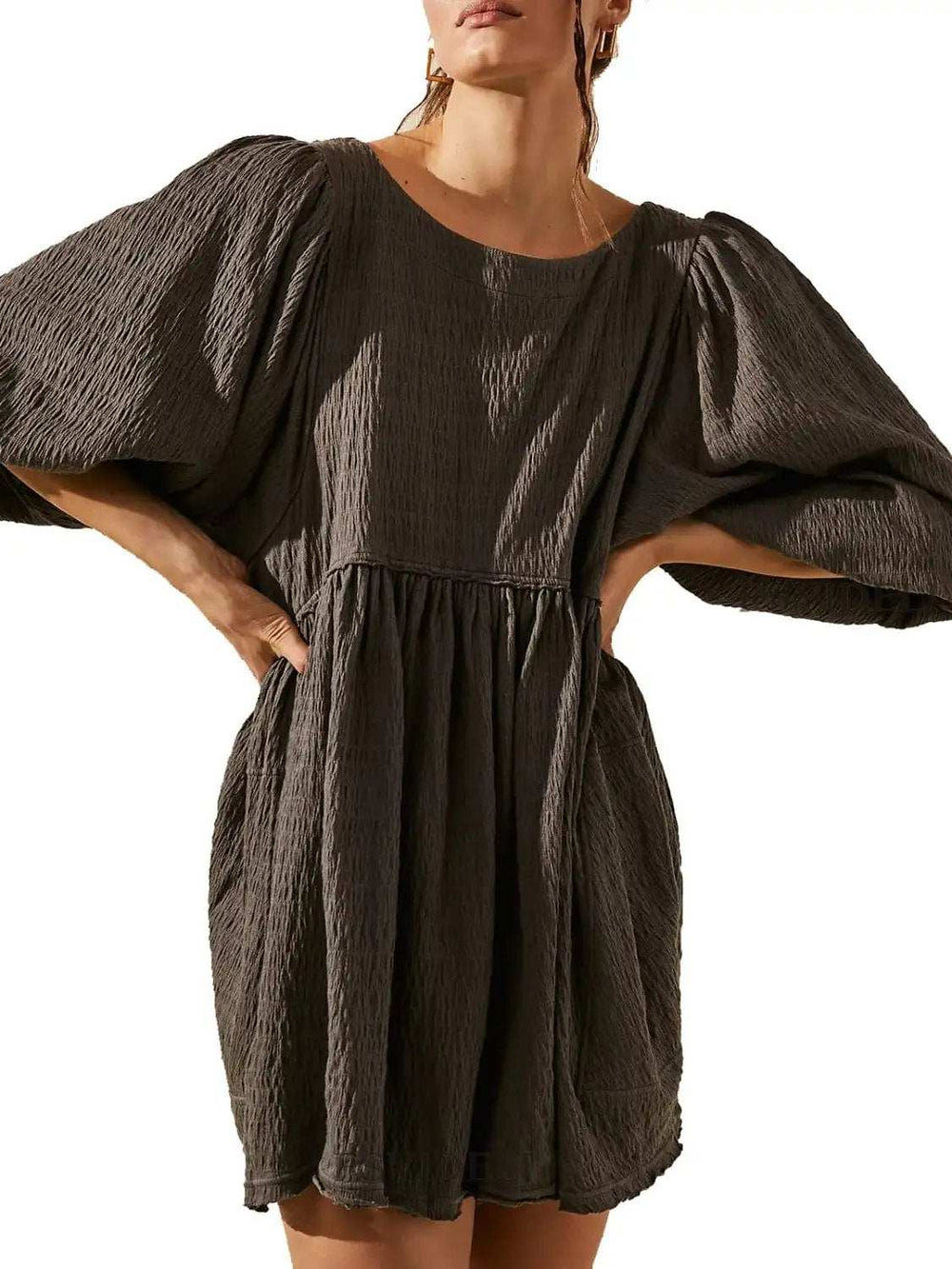 Cutout Textured Long Sleeve Mini Dress - Trendsi - Flyclothing LLC