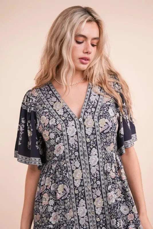 VERY J Shirring Detail Printed Woven Mini Dress - Trendsi - Flyclothing LLC
