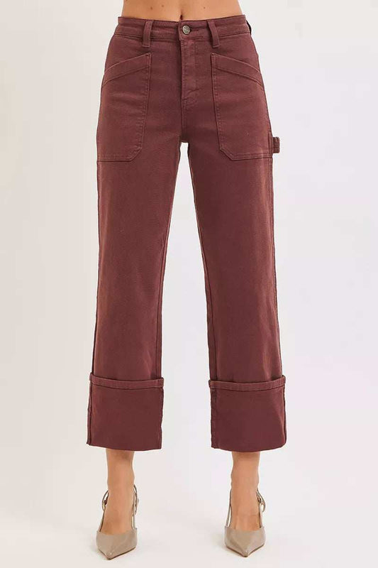RISEN Full Size High Rise Wide Straight Cuffed Patch Jeans Plus Size - Trendsi - Flyclothing LLC