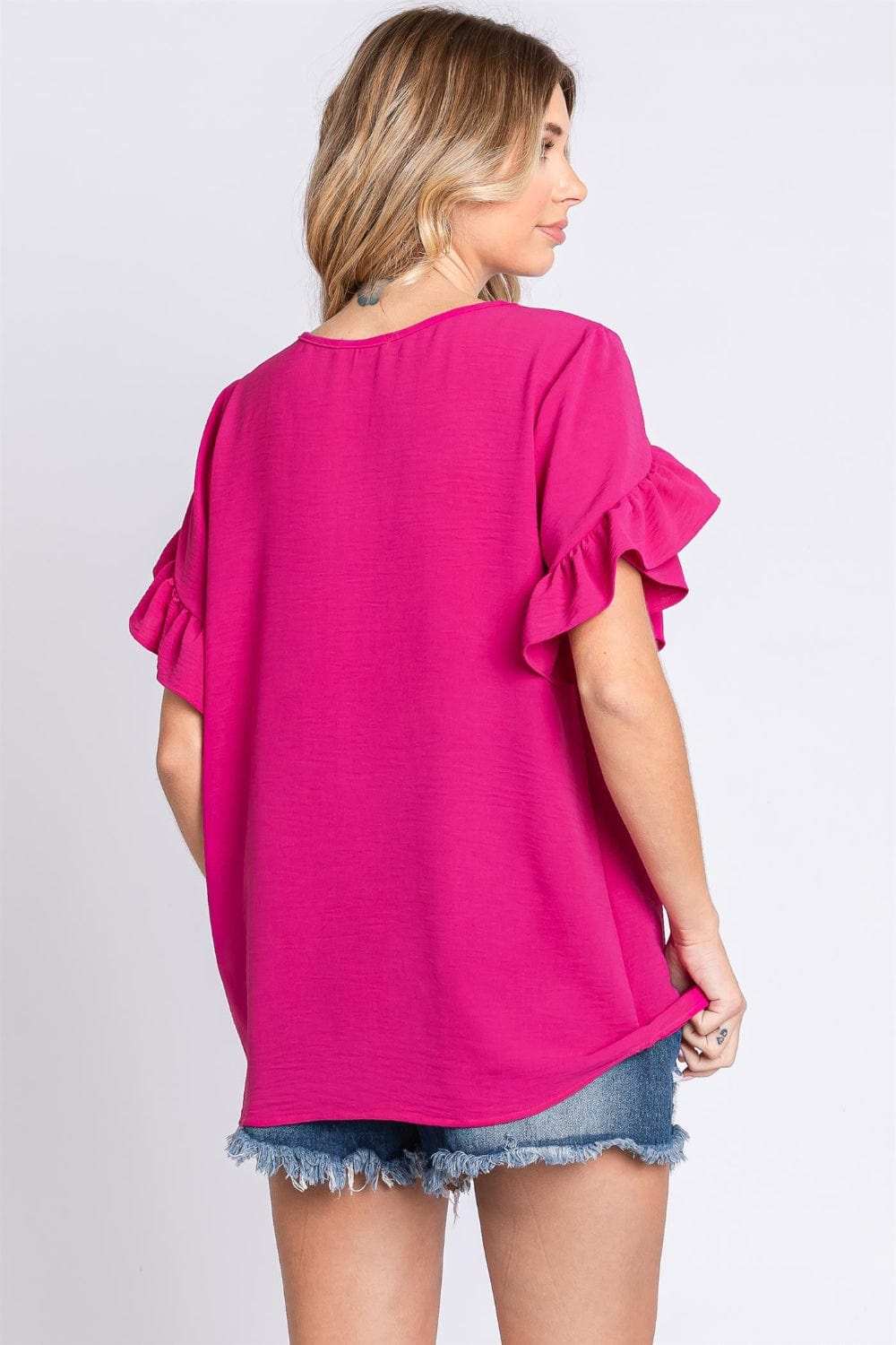 GeeGee V-Neck Ruffle Trim Short Sleeve Blouse - Trendsi - Flyclothing LLC