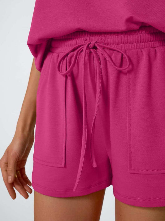 Round Neck Cap Sleeve Top and Shorts Set - Trendsi - Flyclothing LLC