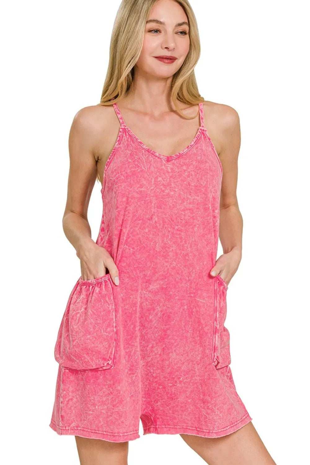 Zenana Acid Crinkle Washed Spaghetti Strap Romper - Trendsi - Flyclothing LLC