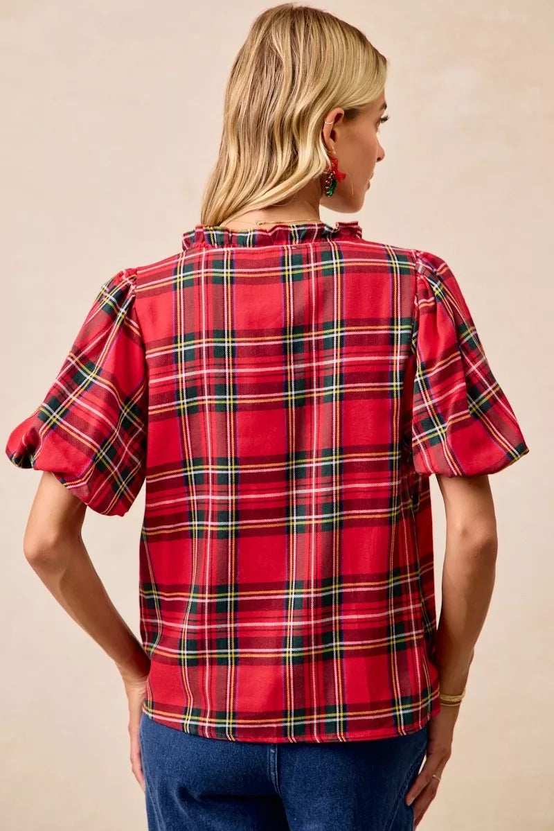 BiBi Christmas Plaid Short Sleeves Ruffled Blouse - Trendsi - Flyclothing LLC