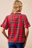 BiBi Christmas Plaid Short Sleeves Ruffled Blouse - Trendsi - Flyclothing LLC