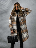 Plaid Collared Neck Long Sleeve Coat - Trendsi - Flyclothing LLC