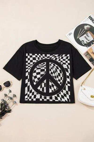 Checkered Peace Sign Round Neck T-Shirt - Trendsi - Flyclothing LLC