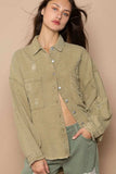 POL Button Down Raw Hem Distressed Shacket - Trendsi - Flyclothing LLC