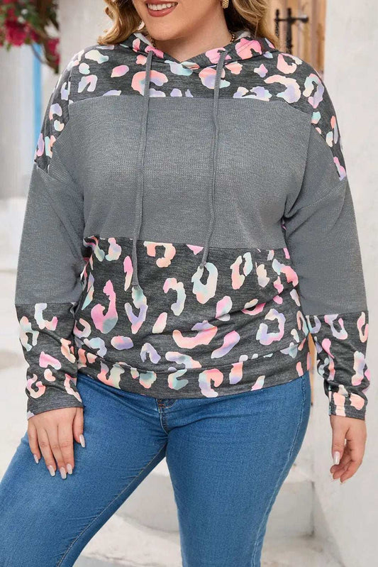 Plus Size Leopard Dropped Shoulder Long Sleeve Hoodie - Trendsi - Flyclothing LLC