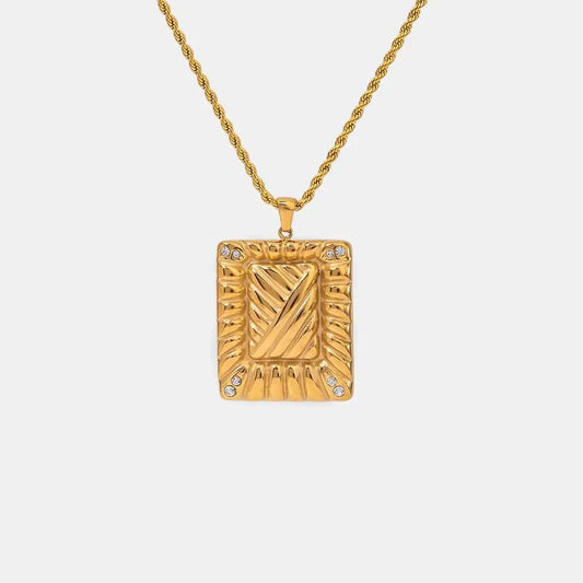 Stainless Steel Inlaid Rhinestone Rectangle Shape Pendant Necklace - Trendsi - Flyclothing LLC