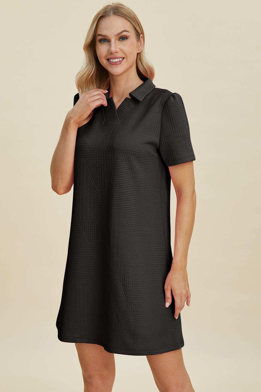 Double Take Full Size Texture Short Sleeve Dress - Trendsi - Flyclothing LLC
