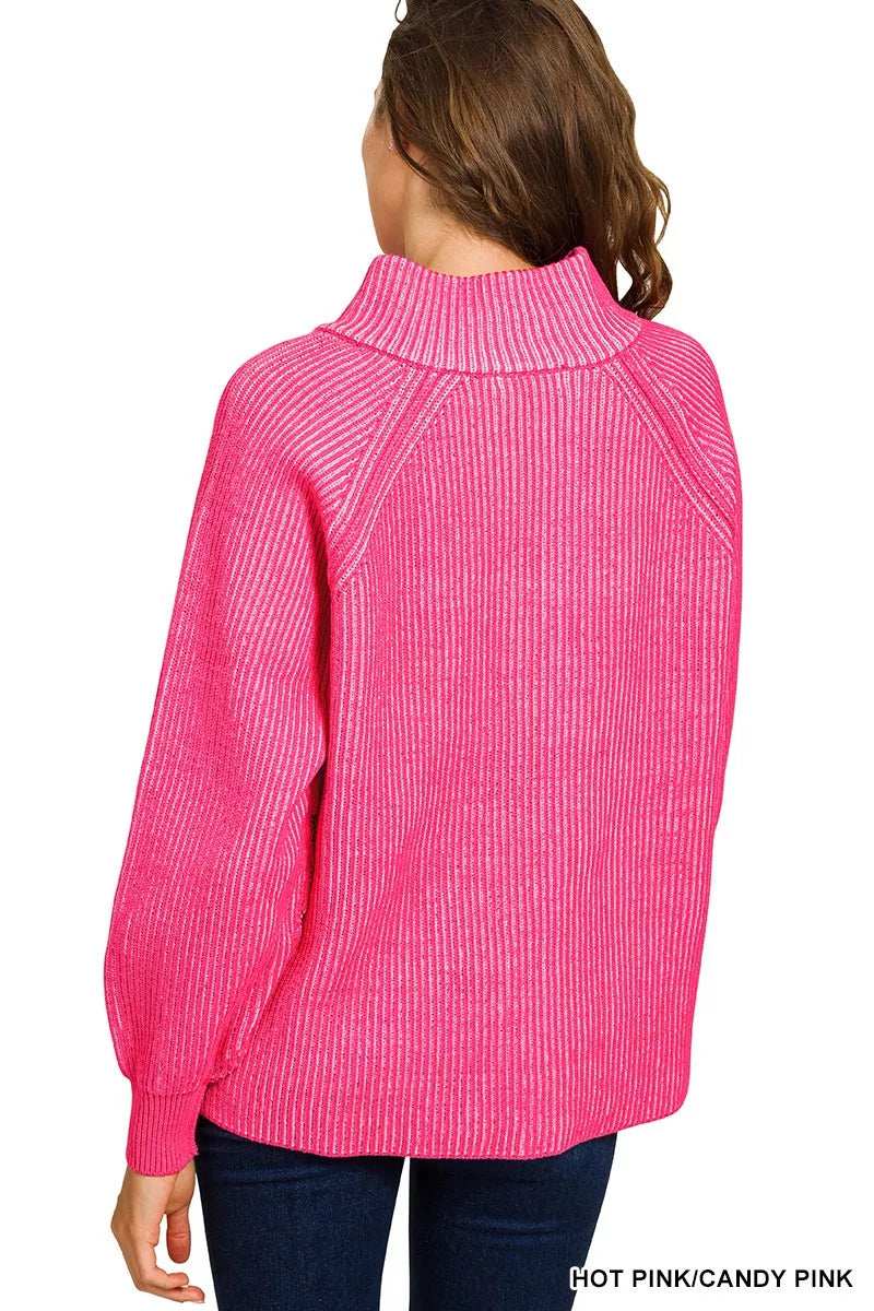 Zenana Ribbed Two Tone Half Zip Sweater - Trendsi - Flyclothing LLC
