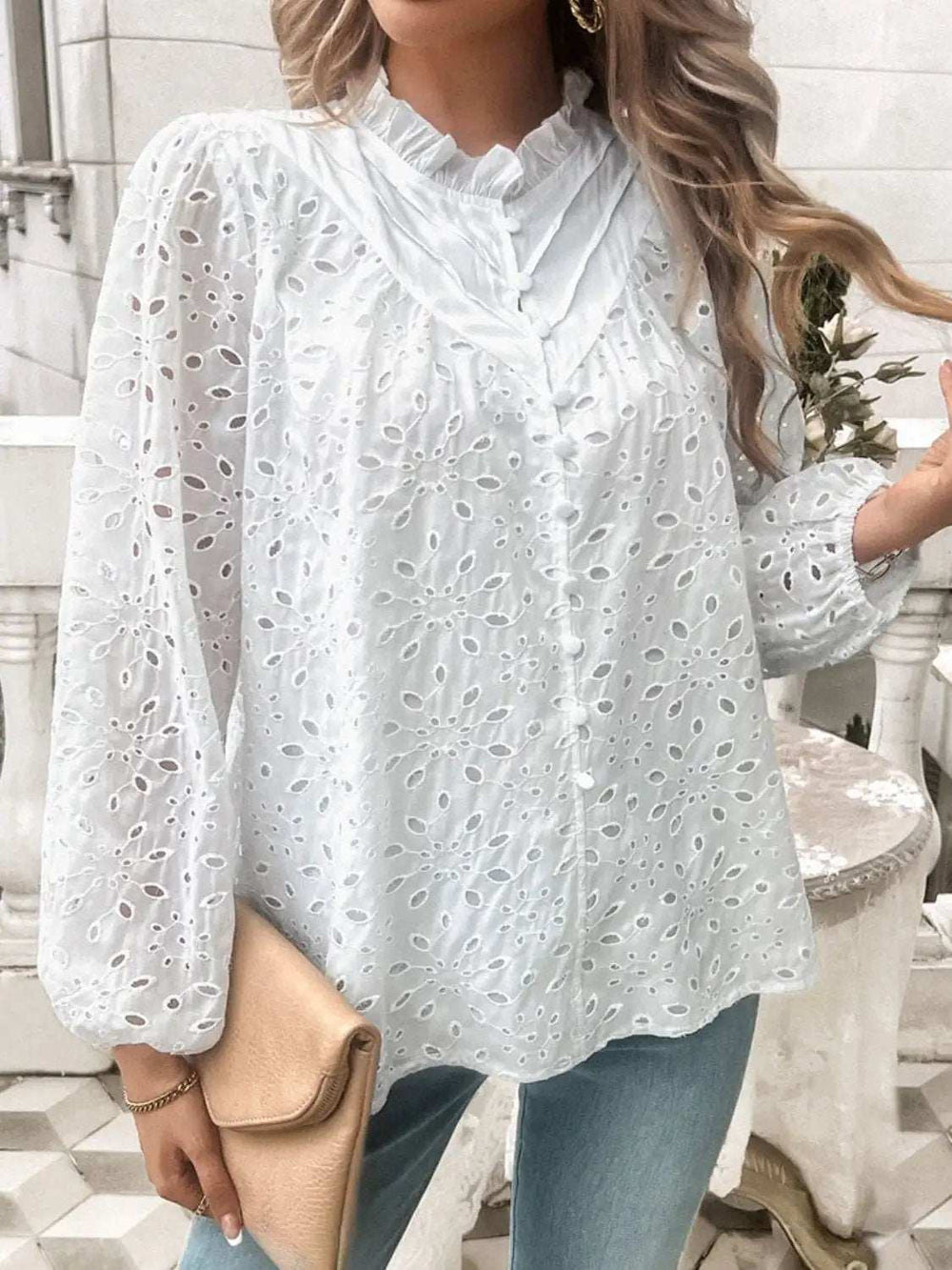 Frill Round Neck Long Sleeve Shirt - Trendsi - Flyclothing LLC