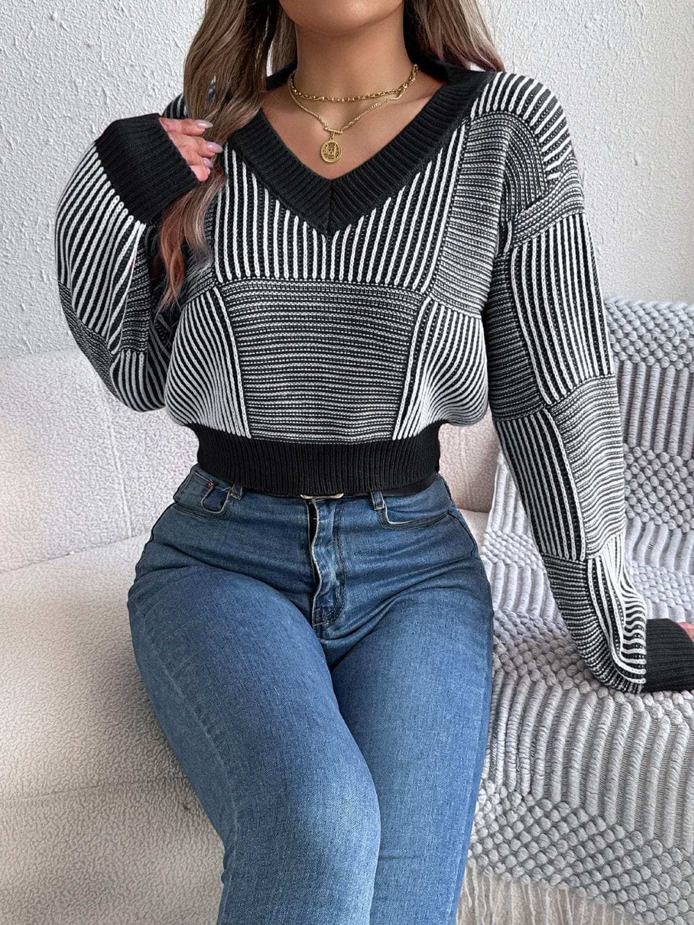 Striped V-Neck Long Sleeve Sweater - Trendsi - Flyclothing LLC