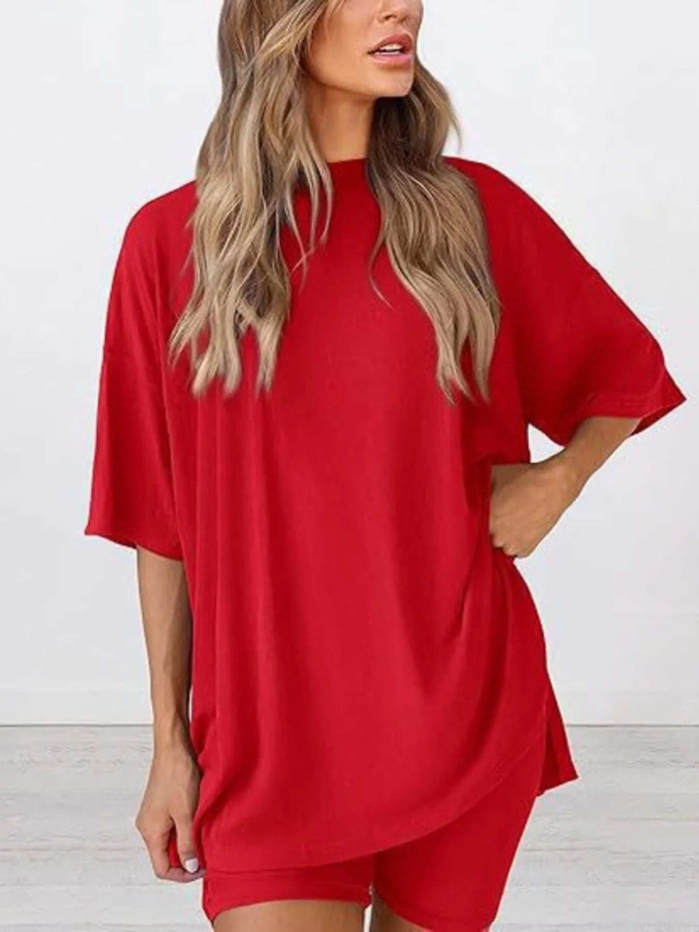 Full Size Oversized Slit Round Neck Top and Shorts Lounge Set Plus Size - Trendsi - Flyclothing LLC