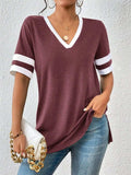 Contrast Trim V-Neck Short Sleeve T-Shirt - Trendsi - Flyclothing LLC