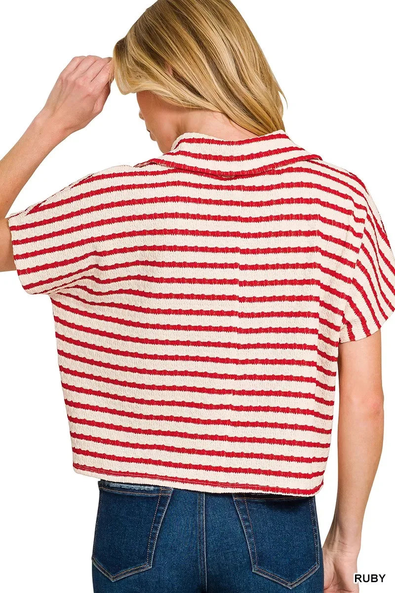 Zenana Striped Split Neck Collared Top - Trendsi - Flyclothing LLC