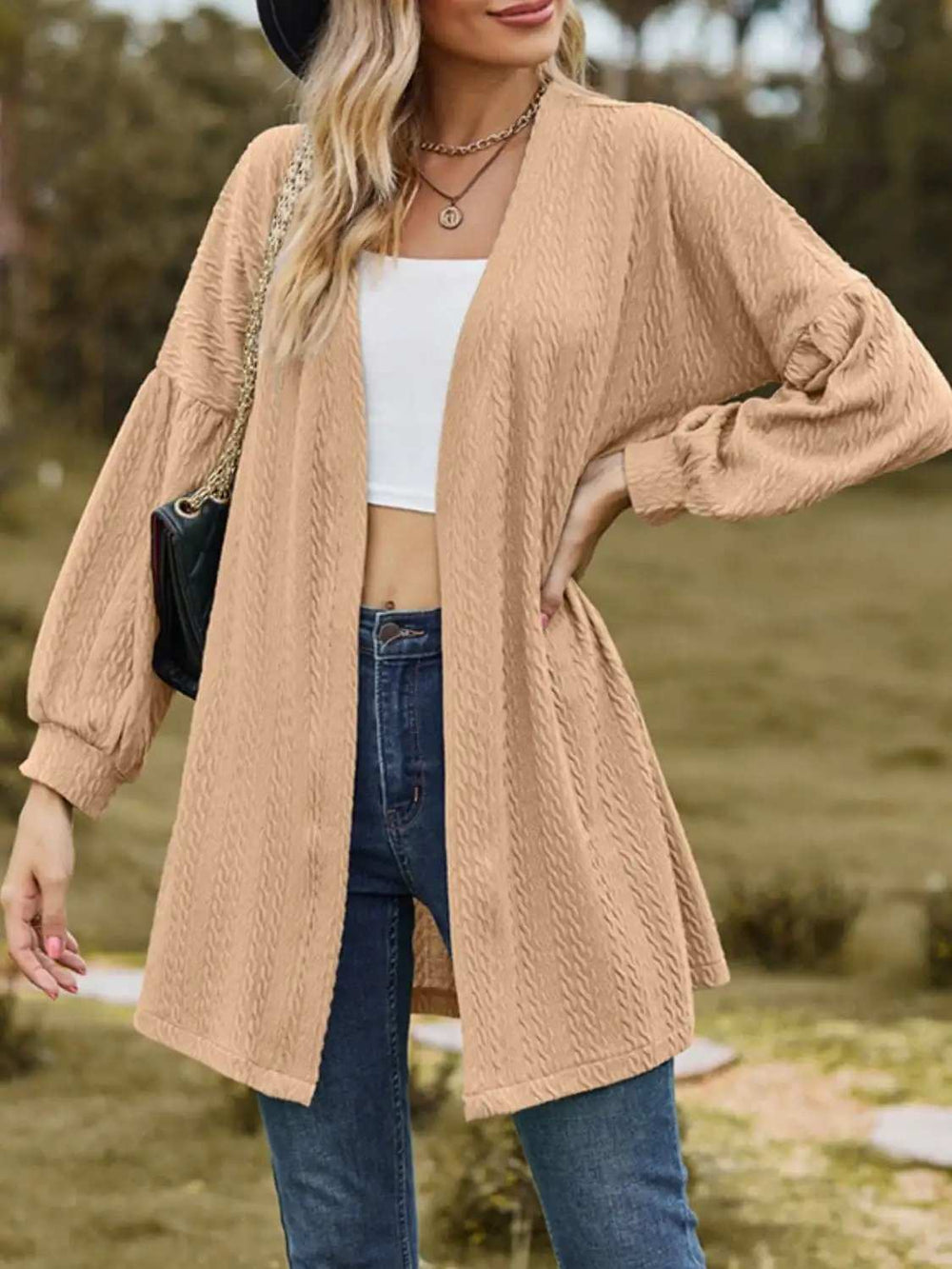 Textured Open Front Dropped Shoulder Cardigan - Trendsi - Flyclothing LLC