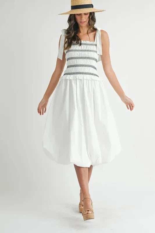 MABLE Smocked Bodice Bubble Midi Dress - Trendsi - Flyclothing LLC