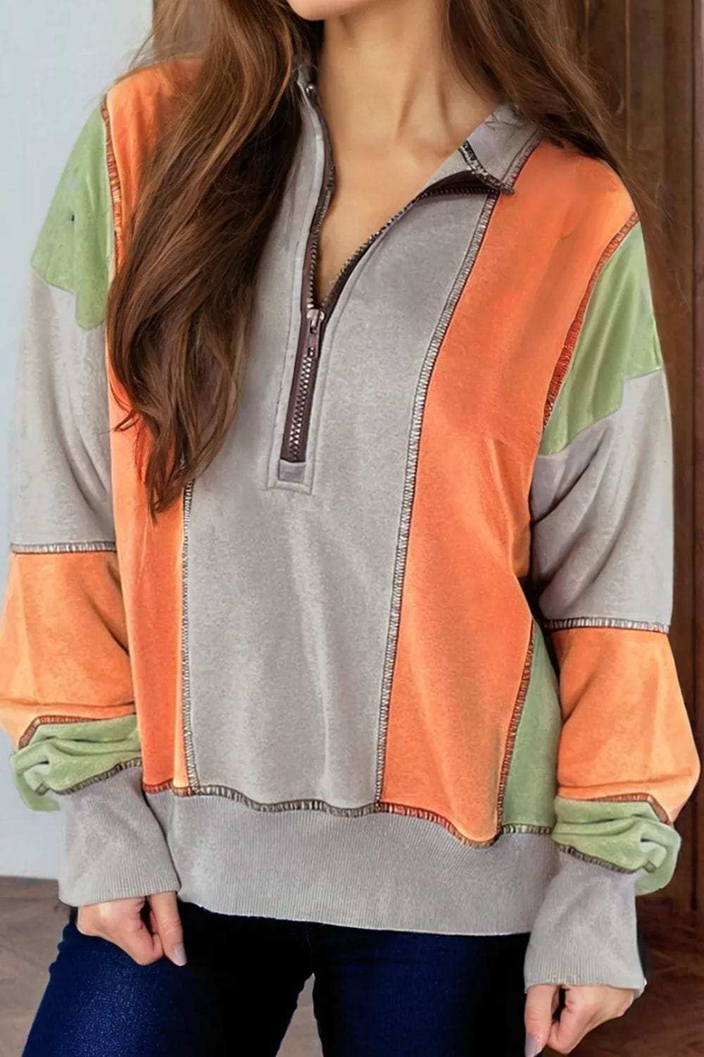 Full Size Exposed Seam Color Block Long Sleeve Sweatshirt - Trendsi - Flyclothing LLC