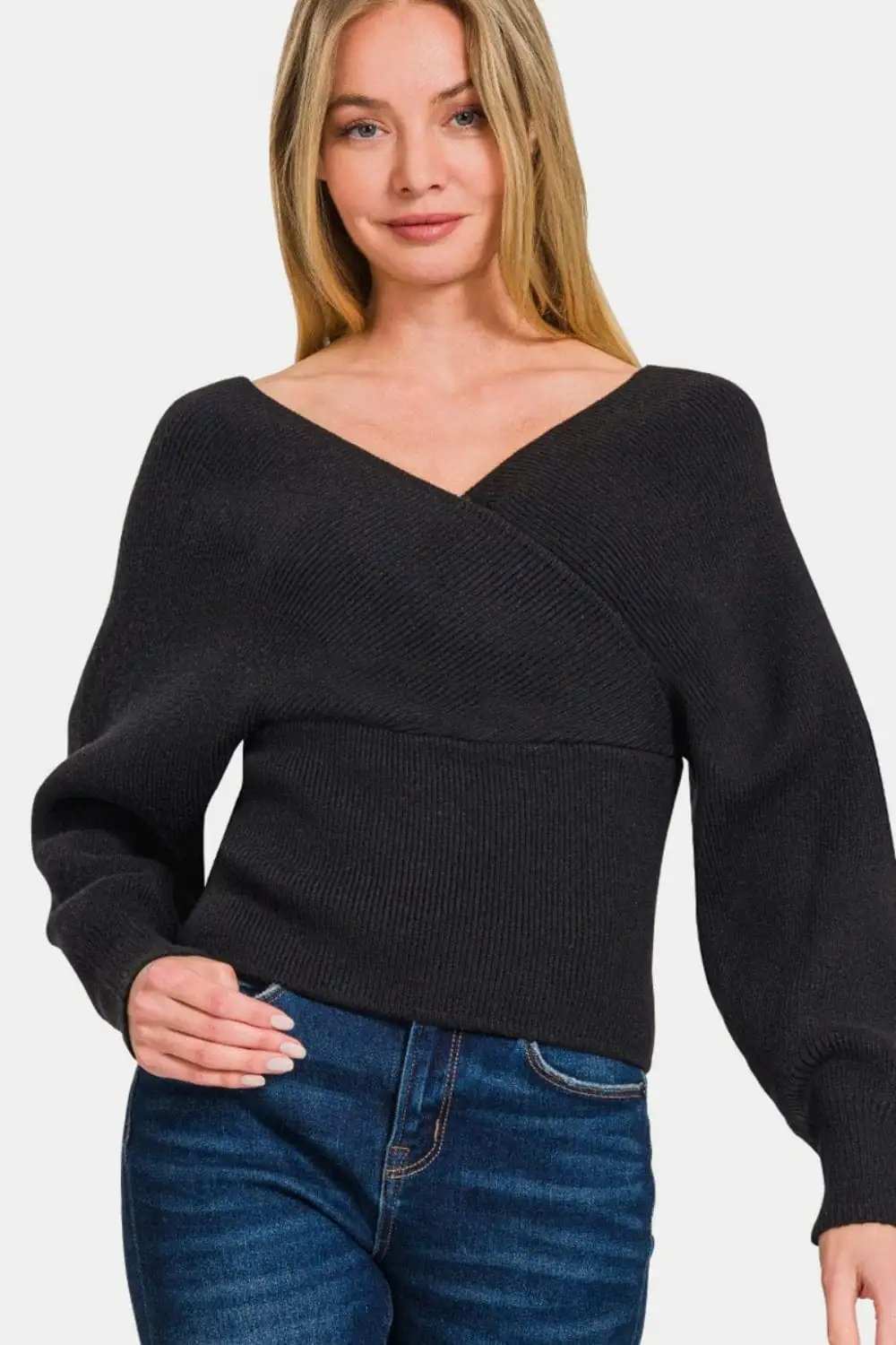 Zenana Cross Wrap Rib Long Sleeve Sweater - Trendsi - Flyclothing LLC