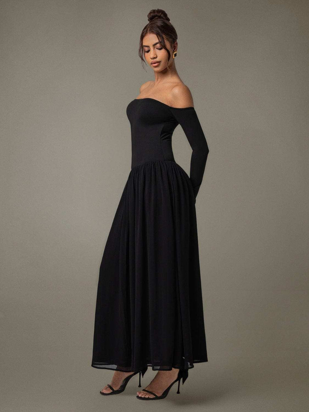 Off Shoulder Long Sleeve Maxi Dress - Trendsi - Flyclothing LLC