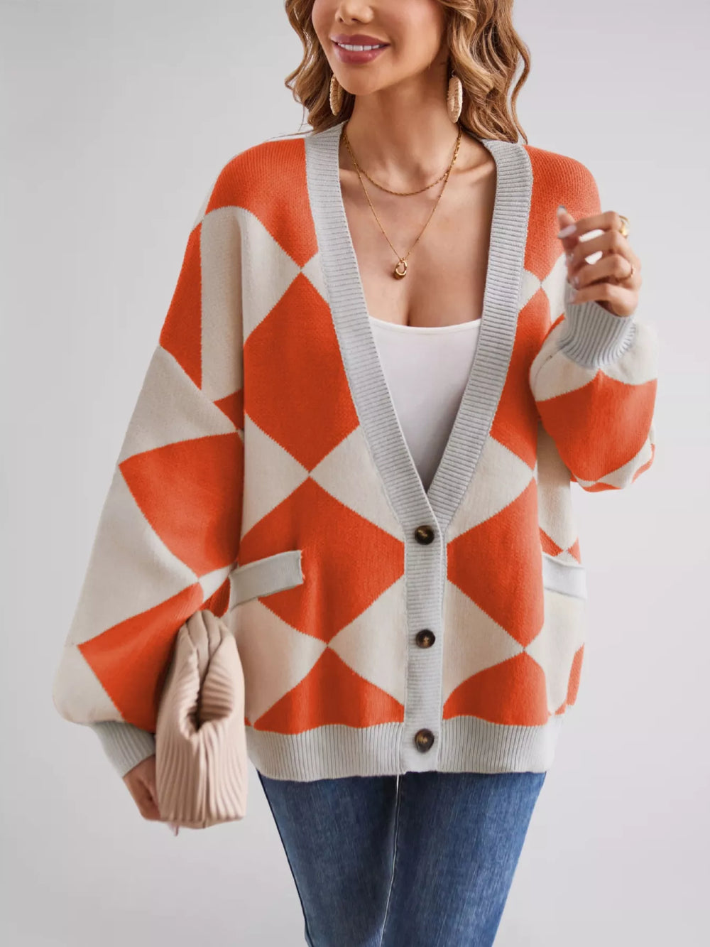 Diamond Pattern Button-Up Knit Cardigan - Trendsi - Flyclothing LLC