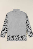 Slit Leopard Mock Neck Dropped Shoulder Sweater - Trendsi - Flyclothing LLC