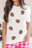 Sequin Strawberry Crew Neck Short Sleeve T Shirt - Trendsi - Flyclothing LLC
