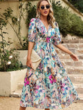 Printed Puff Sleeve Midi Dress - Trendsi - Flyclothing LLC