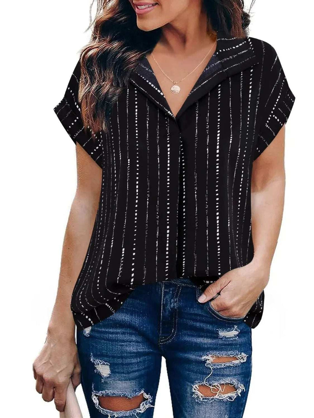Collared Neck Short Sleeve Blouse - Trendsi - Flyclothing LLC