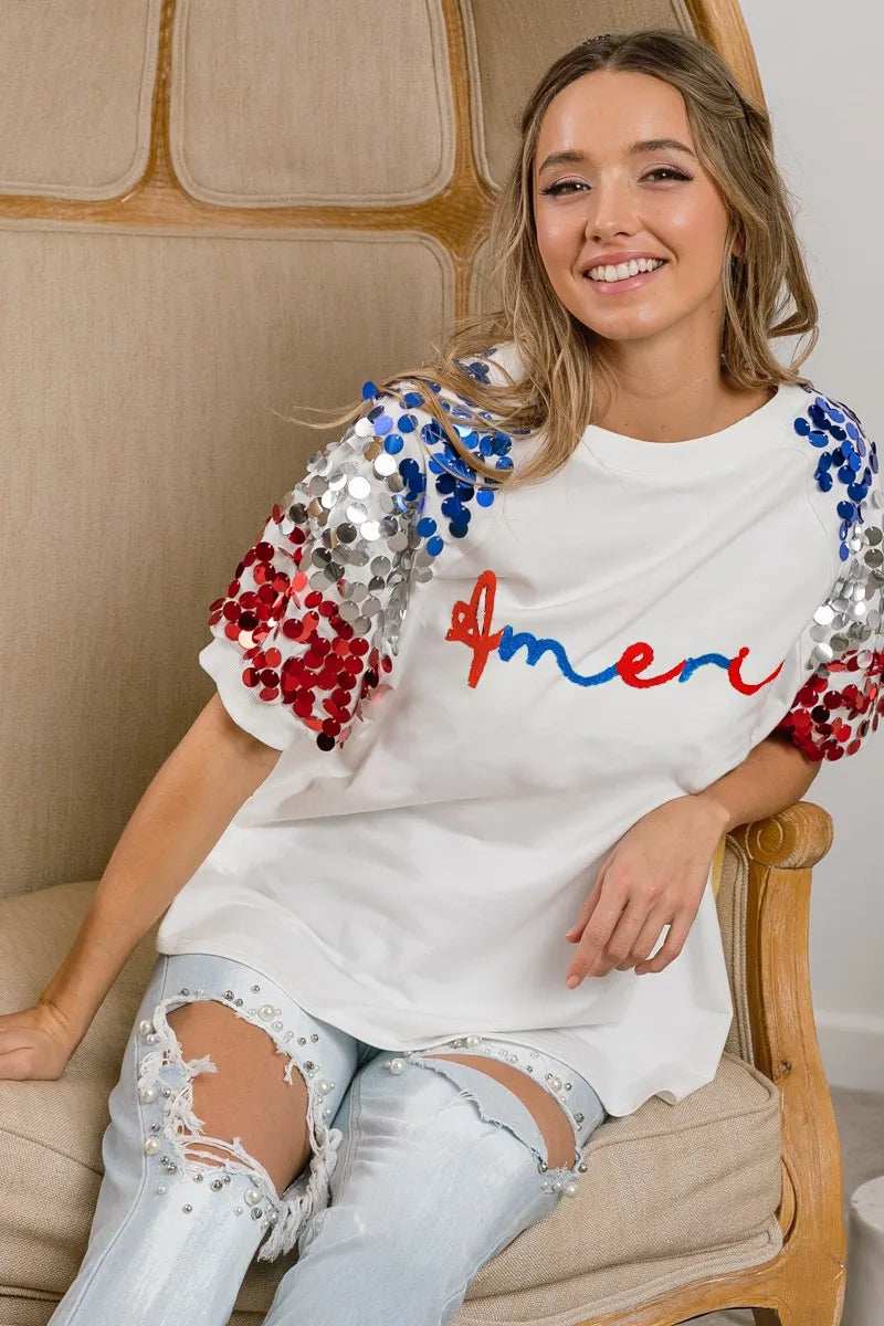 BiBi America Letter Applique Spangle Puff Sleeves Top - Trendsi - Flyclothing LLC