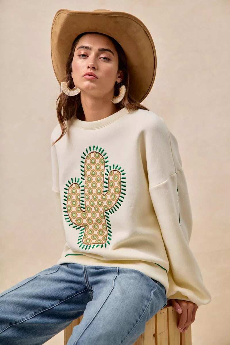 BiBi Cactus Embroidered Fleece Sweatshirt - Trendsi - Flyclothing LLC