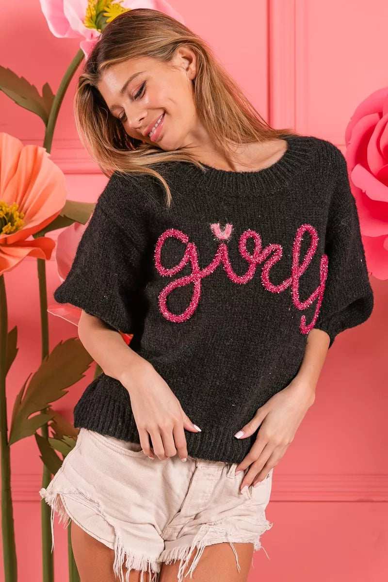 BiBi Metallic Letter Short Puff Sleeve Hairy Sweater - Trendsi - Flyclothing LLC