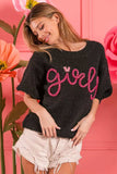 BiBi Metallic Letter Short Puff Sleeve Hairy Sweater - Trendsi - Flyclothing LLC