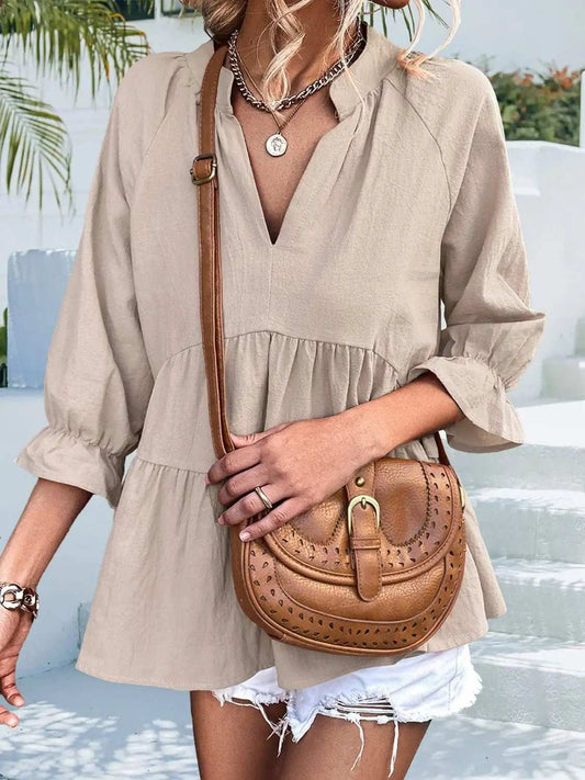 Ruffled Notched Three-Quarter Sleeve Blouse - Trendsi - Flyclothing LLC